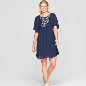 Knox Rose Navy Boho Embroidered Short Sleeve Shift Dress